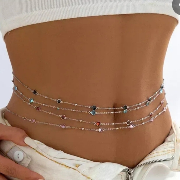 I'll Try To Restock Belly Chain Zircon Round Stones On Silver Tone Waist Chain - Picture 3 of 7